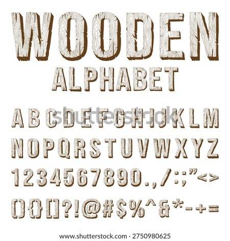 A comprehensive vector collection of a wooden timber alphabet, including uppercase letters, numerical digits, and common punctuation symbols. Each character features a detailed 3D wood grain texture resembling rustic planks or carved lumber. This rustic typography set is ideal for nature-themed branding, outdoor signage, forest-related projects, construction logos, and environmental designs. The earthy brown tones and bold, blocky style make it perfect for creative woodworking titles, cabin decor graphics, and organic product packaging. High-quality isolated EPS vector.