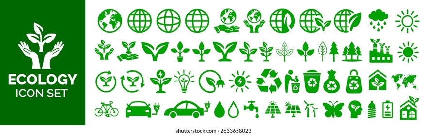 Comprehensive Vector Eco Friendly and Environmental Icon Set. Featuring green energy, nature, recycling, sustainability, earth, and conservation symbols for eco conscious designs. ecology icon bundle
