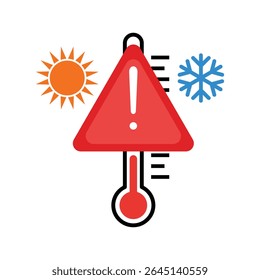 A comprehensive vector EPS icon showing a thermometer with a red warning triangle, sun, and snowflake, signifying extreme hot and cold weather alerts.
