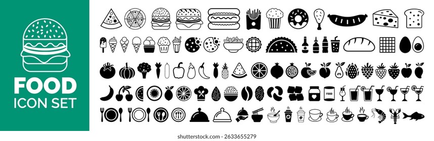 Conjunto abrangente de ícones de comida e bebida vetorial. Apresentando fast-food, frutas, legumes, sobremesas, bebidas e elementos de refeições para menus de restaurantes, receitas e coleção de pacotes de design culinário.