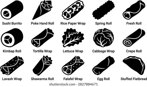 A comprehensive vector grid featuring various wrapped food silhouettes including sushi burritos, spring rolls, and wraps.