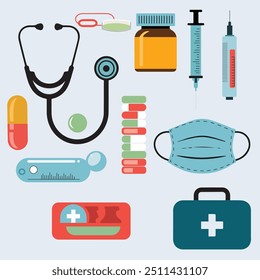 A comprehensive vector group featuring essential medical icons including an injection, mask, capsule, thermometer, and First Aid kit, ideal for healthcare, medical education, and wellness branding.