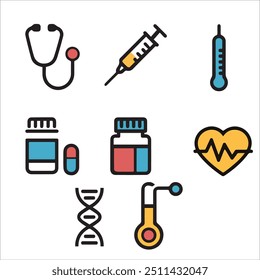 A comprehensive vector group featuring essential medical icons including an injection, mask, capsule, thermometer, and First Aid kit, ideal for healthcare, medical education, and wellness branding.