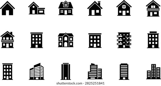 A comprehensive vector icon collection featuring various black silhouette buildings, including residential houses, modern apartments, and commercial skyscrapers. These minimalist graphics are perfect for real estate websites, urban planning diagrams, and architectural design projects.A comprehensive vector icon collection featuring various black silhouette buildings, including residential houses, modern apartments, and commercial skyscrapers. These minimalist graphics are perfect for real estate websites, urban planning diagrams, and architectural design projects.