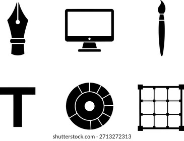 Colección completa de iconos de Vector que representa Diseño gráfico esencial, arte digital y herramientas de software creativas.
