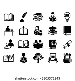 A comprehensive vector icon pack featuring 20 clean black and white symbols dedicated to reading, education, and literary knowledge. This intellectual collection includes minimalist icons for open books, a vintage quill with inkwell, stacks of textbooks, students reading books, a bulb with a book inside (creative idea), storytelling or teaching setups, downloading digital books, a graduation cap on a stack of books, a bookmark notebook, writing on a notepad, book search with a magnifying glass, two children reading together, a book tree metaphor, a diploma certificate scroll and a school backpack. 
