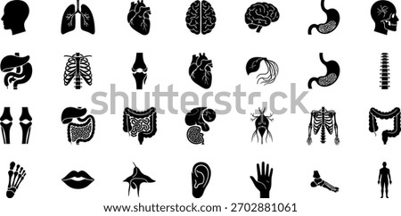 A comprehensive vector icon set depicting various human anatomical structures, including internal organs, skeletal components, and external body parts, rendered in black silhouettes.