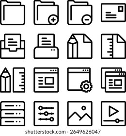 A comprehensive vector icon set featuring various folder and document management actions, including adding, removing, printing, editing, and web-related functions. Also includes icons for settings, se