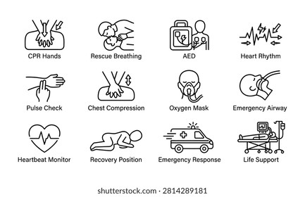 A comprehensive vector icon set featuring twelve minimalist line icons illustrating essential CPR, first aid, and emergency medical procedures. The collection includes clear visual representations for chest compressions, rescue breathing, AED usage, pulse checks, recovery position, oxygen masks, emergency airway management, heartbeat monitoring, and ambulance response. Perfect for medical training materials, first aid infographics, healthcare websites, and safety instructional guides