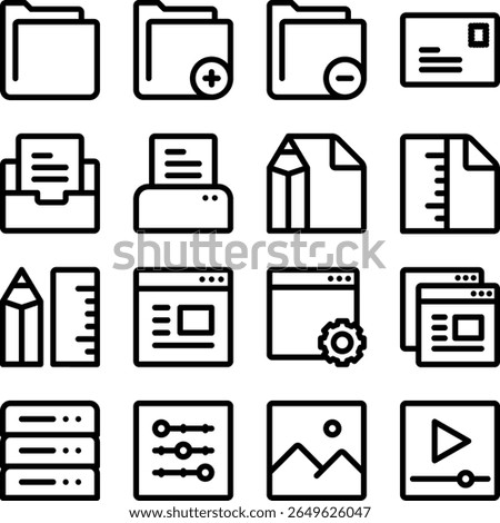 A comprehensive vector icon set featuring various folder and document management actions, including adding, removing, printing, editing, and web-related functions. Also includes icons for settings, se