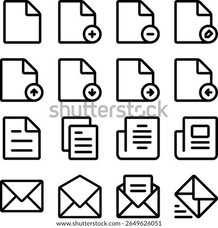 A comprehensive vector icon set featuring various file and document actions, including add, remove, upload, download, and transfer, alongside icons for copying, notes, and email. Ideal for user interf