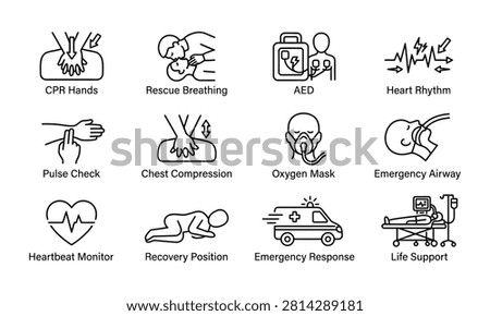 A comprehensive vector icon set featuring twelve minimalist line icons illustrating essential CPR, first aid, and emergency medical procedures. The collection includes clear visual representations for chest compressions, rescue breathing, AED usage, pulse checks, recovery position, oxygen masks, emergency airway management, heartbeat monitoring, and ambulance response. Perfect for medical training materials, first aid infographics, healthcare websites, and safety instructional guides