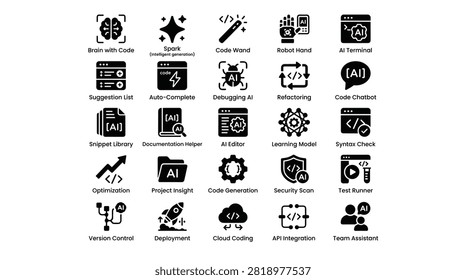 Comprehensive vector icon set focused on artificial intelligence in software development. Icons include brain with code code wand robot hand AI terminal suggestion list autocomplete debugging refactoring chatbot snippet library document helper editor learning model syntax check optimization project insight generation security scan test runner version control cloud coding API integration team assistant.