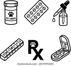 A comprehensive vector icon set focused on pet medication and veterinary healthcare. This collection includes essential elements for animal treatment: a pet meds bottle, pill blister pack, medicine dropper bottle, weekly pill organizer box, veterinary prescription Rx symbol, and a pill cutter splitter. Perfect for veterinary clinic websites, pet healthcare apps, pharmacy services, and medical instructional graphics.