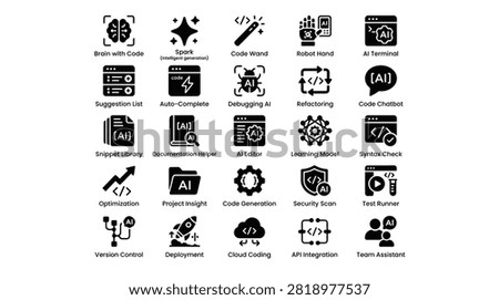 Comprehensive vector icon set focused on artificial intelligence in software development. Icons include brain with code code wand robot hand AI terminal suggestion list autocomplete debugging refactoring chatbot snippet library document helper editor learning model syntax check optimization project insight generation security scan test runner version control cloud coding API integration team assistant.