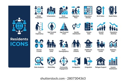 Comprehensive vector icon set for global demographics, human population statistics, urbanization, migration flow, community engagement, and diverse resident data analysis