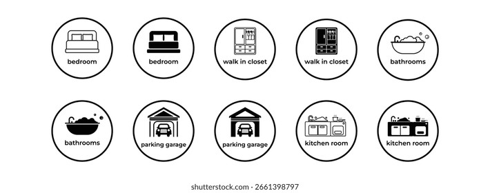 A comprehensive vector icon set of household rooms and areas.