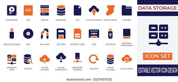 Un completo conjunto de iconos de Vector que representa varios medios de almacenamiento de datos, incluidos discos duros, SSD, almacenamiento en la nube, servidores y soluciones de copia de seguridad. 