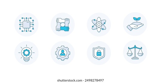 Comprehensive Vector Icon Set: Research, Security, Environment, Law, HR, Culture, IT and More. Ediable Stroke and Colors.