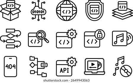 Um abrangente conjunto de ícones vetoriais para desenvolvimento e tecnologia Web, apresentando conceitos como codificação, rede, segurança, fluxo de dados, pesquisa, configurações, APIs e multimídia. Ideal para desenvolvedores
