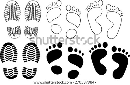 A comprehensive vector icon variety set showcasing multiple styles of footprints and shoe prints, including detailed boot tread marks (large and small) and smooth barefoot prints (outlines and solid s