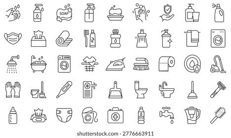 Comprehensive vector illustration collection featuring diverse household hygiene and cleaning supplies including hand washing soap sanitizer laundry tools plumbing items toilet paper bathroom accessories and healthcare essentials presented as clean linear icons for home maintenance and sanitation.