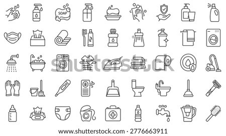 Comprehensive vector illustration collection featuring diverse household hygiene and cleaning supplies including hand washing soap sanitizer laundry tools plumbing items toilet paper bathroom accessories and healthcare essentials presented as clean linear icons for home maintenance and sanitation.