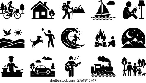 Comprehensive vector illustration collection presenting diverse human leisure activities and everyday life scenes, perfect for enhancing various web and print design projects.