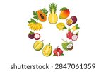 A comprehensive vector illustration collection of various tropical and exotic fruits arranged in a circular composition. The set includes detailed graphics of papaya, pineapple, mango, passion fruit, star fruit, dragon fruit, coconut, lychees, jackfruit, durian, mangosteen, and a bunch of bananas. Each fruit is shown in either whole or sliced form against a clean white background, suitable for food icons, healthy lifestyle themes, or summer graphics.