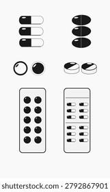 A comprehensive vector illustration collection of various medical pills and pharmaceutical packaging in a bold flat design with glossy highlights. The bundle set features different types of medicine arranged systematically, isolated on a solid white background. It includes a group of two-tone hard gel capsules, oval-shaped solid black tablets with a vertical score line, round flat pills (one hollow ring and one solid circle), and 3D-angled cylindrical tablets with a diagonal two-tone division.