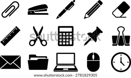 A comprehensive vector illustration featuring a diverse collection of essential office supplies and stationery items presented as clean black silhouette icons for various graphic design.