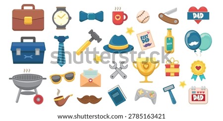 Comprehensive vector illustration kit of Father's Day icons and stickers isolated on a white background. This colorful flat cartoon Father's Day set features classic dad gifts like a necktie, toolbox, hammer, mustache, trophy, beer, gamepad, watch, pipe,knife, sunglasses and BBQ grill perfect for holiday greeting cards and retail sale graphics.