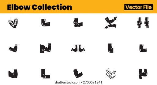 Ilustración vectorial completa que representa veinte posiciones y movimientos del codo, ideal para su uso en guías de anatomía, materiales ergonómicos o imágenes de medicina deportiva.