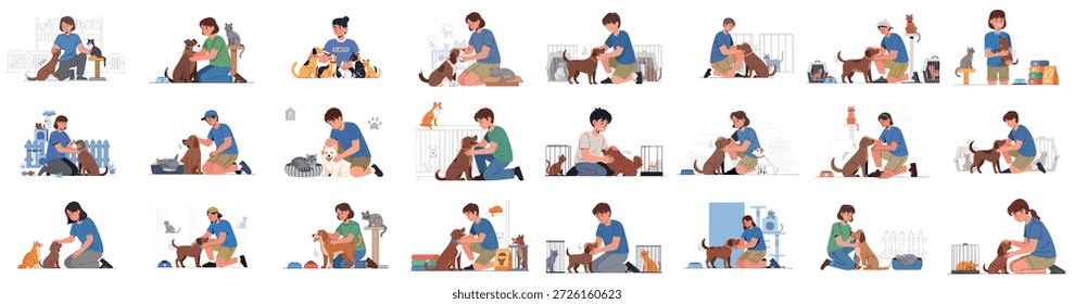 Conjunto de Ilustración vectorial integral de voluntarios de refugio animal que cuidan y adoptan perros y gatos, mostrando el rescate y bienestar de mascotas.
