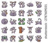 A comprehensive vector illustration set featuring twenty-five unique ring-tailed lemur icons. Each character is depicted in a different activity, from swinging on vines and eating fruit to playing drums and using binoculars. Designed in a friendly cartoon style, these high-quality illustrations are ideal for stickers, educational children