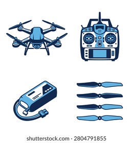 A comprehensive vector illustration set featuring a professional drone quadcopter remote control transmitter lithium battery and replacement propellers in a blue color scheme