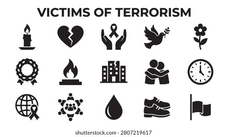 Comprehensive vector illustration set featuring multiple black and white minimalist icons representing victims of terrorism including symbols of mourning peace support remembrance tragedy and global solidarity displayed in a clean grid layout design suitable for memorial projects awareness campaigns and institutional commemorative visual communication materials for public awareness