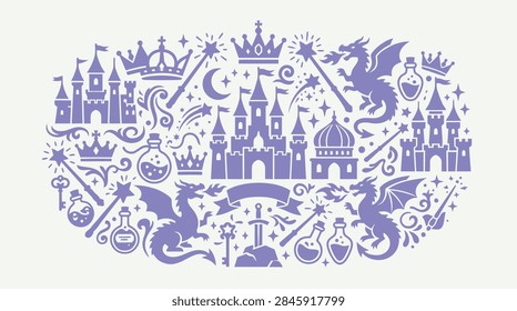 A comprehensive vector illustration set featuring various fantasy and fairy tale motifs including medieval castles, fire-breathing dragons, royal crowns, magic wands, potion bottles, and swords. The design is presented in a flat, monochromatic silhouette style, suitable for themed invitations, children's book illustrations, or creative design projects.
