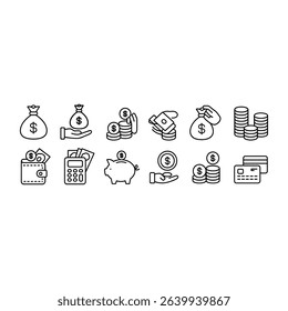A comprehensive vector illustration showcases a collection of financial icons and symbols representing money and investment. This graphic features dollar signs, coins, stacks of currency, a wallet,
