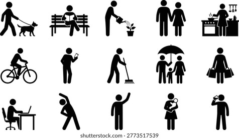 A comprehensive vector illustration showcasing diverse silhouette stick figures engaged in everyday human actions and common lifestyle scenarios for graphic design.
