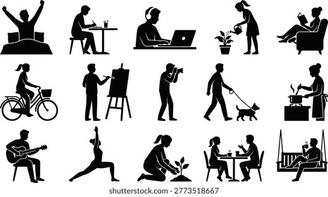 A comprehensive vector illustration showcasing diverse daily human activities, including work, hobbies, and leisure, perfect for lifestyle and routine-focused graphic designs.