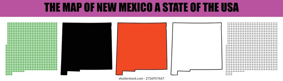 A comprehensive vector illustration showcasing five distinct graphical representations of the New Mexico state map including solid colors outlines and dotted patterns presented on a clean white background with a prominent title bar This collection is ideal for geographic studies and educational resources