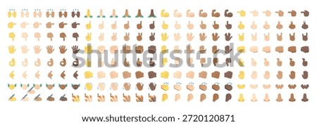 A comprehensive vector illustration showcasing a wide array of hand emojis and gestures in various skin tones. This graphic collection is perfect for digital communication, app design, and creative projects needing expressive hand symbols.