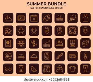 Ilustração vetorial abrangente de ícones de interface do usuário suaves apresentando uma coleção de pacotes de verão de férias e relacionadas a viagens