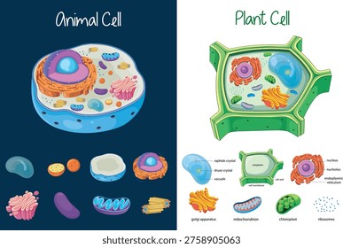 A comprehensive vector infographic illustrating the anatomy of animal and plant cells. The design features cross-section diagrams and individual callouts for key organelles including the nucleus, mitochondria, chloroplasts, Golgi apparatus, endoplasmic reticulum, and vacuoles. Perfect for educational textbooks, biology lessons, and scientific presentations.
