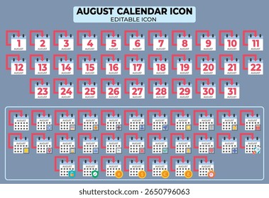 Comprehensive vector layout featuring August calendar icons for scheduling and reminders