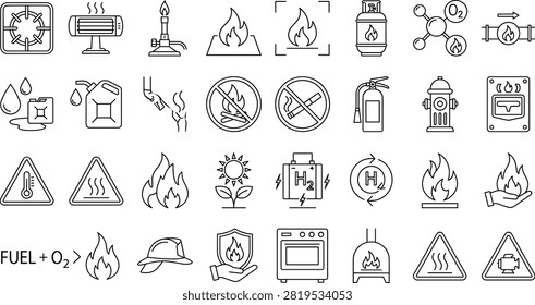 A comprehensive vector line art icon set illustrating fire safety, heating equipment, combustible fuels, and thermal energy concepts. This versatile collection is ideal for industrial safety manuals, energy sector designs, and hazard warning materials.
