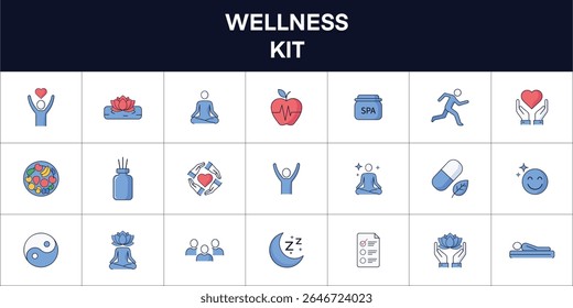 Comprehensive vector line icon set for wellness and self-care. Ideal for health apps, spa, yoga, and lifestyle designs.
