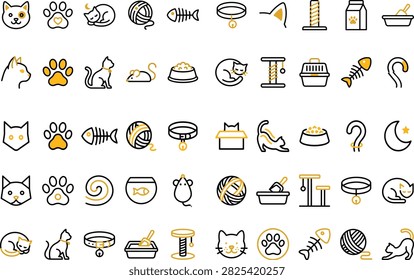 A comprehensive vector line icon set of 50 minimal cat and pet care elements, styled in crisp dual-tone line art with warm yellow accents. Features a variety of feline concepts, including cat faces, paw prints, sleeping cats, stretching felines, balls of yarn, fish skeletons, collars with bells, scratching posts, cat trees, pet carriers, food bowls, litter boxes, and play mice. Designed with editable strokes, this set is ideal for International Cat Day graphics, pet shop applications, veterinary clinic branding, animal shelter websites, and pet care UI designs.