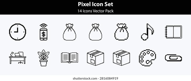 Comprehensive vector pack of pixelated icons including wall clock smartphone money bags musical note notebook desk plant and shipping cardboard boxes.